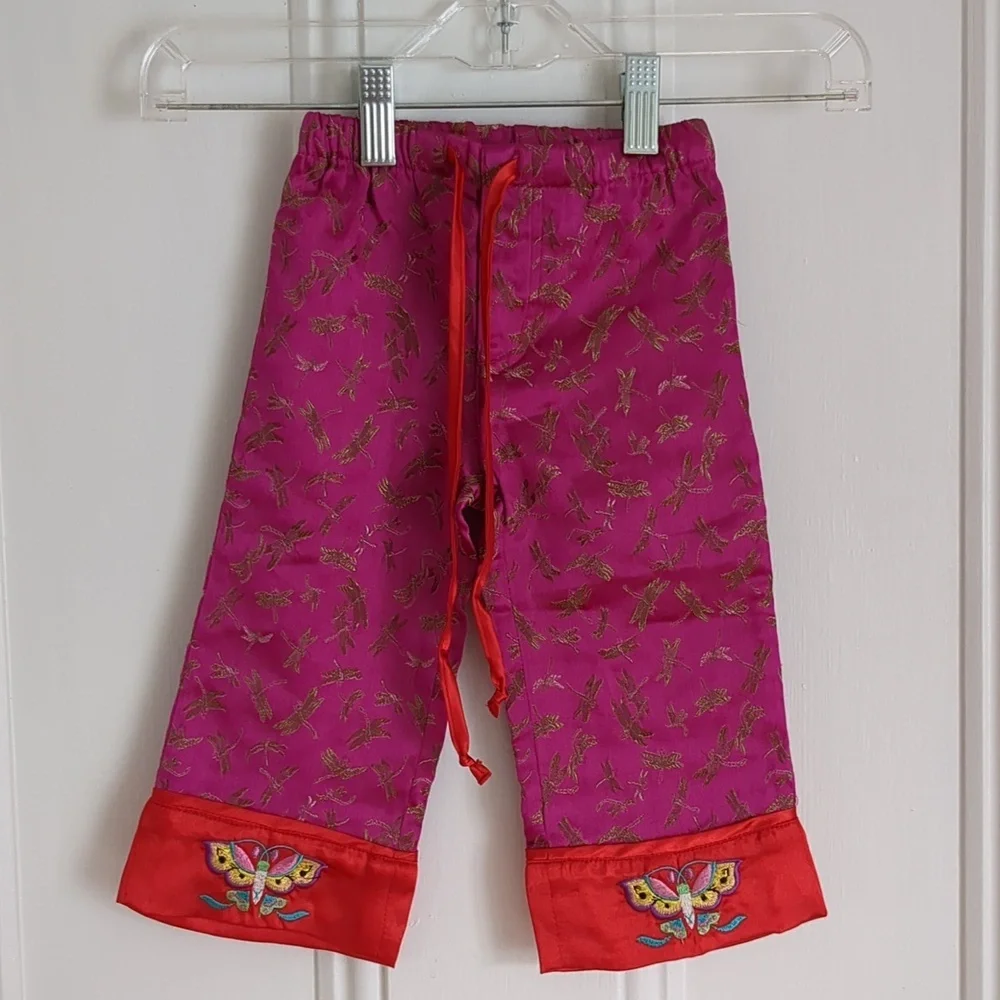 18M Mimi & Maggie Pink Red Gold Pants Shiny Dragonfly Drawstring Bottoms